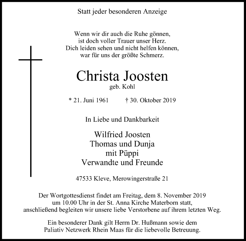  Traueranzeige für Christa Joosten vom 06.11.2019 aus Klever Wochenblatt