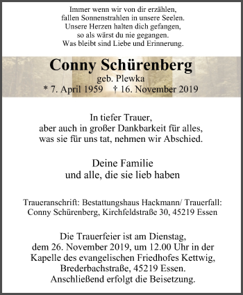 Traueranzeige von Conny Schürenberg von Kettwig Kurier
