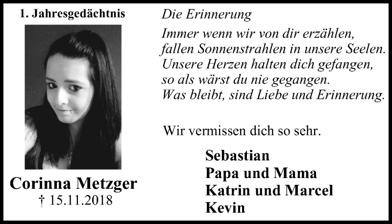  Traueranzeige für Corinna Metzger vom 16.11.2019 aus Stadtspiegel Gladbeck
