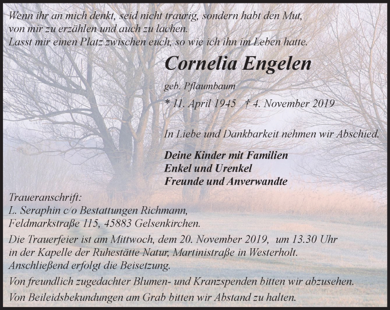  Traueranzeige für Cornelia Engelen vom 16.11.2019 aus Stadtspiegel Gelsenkirchen