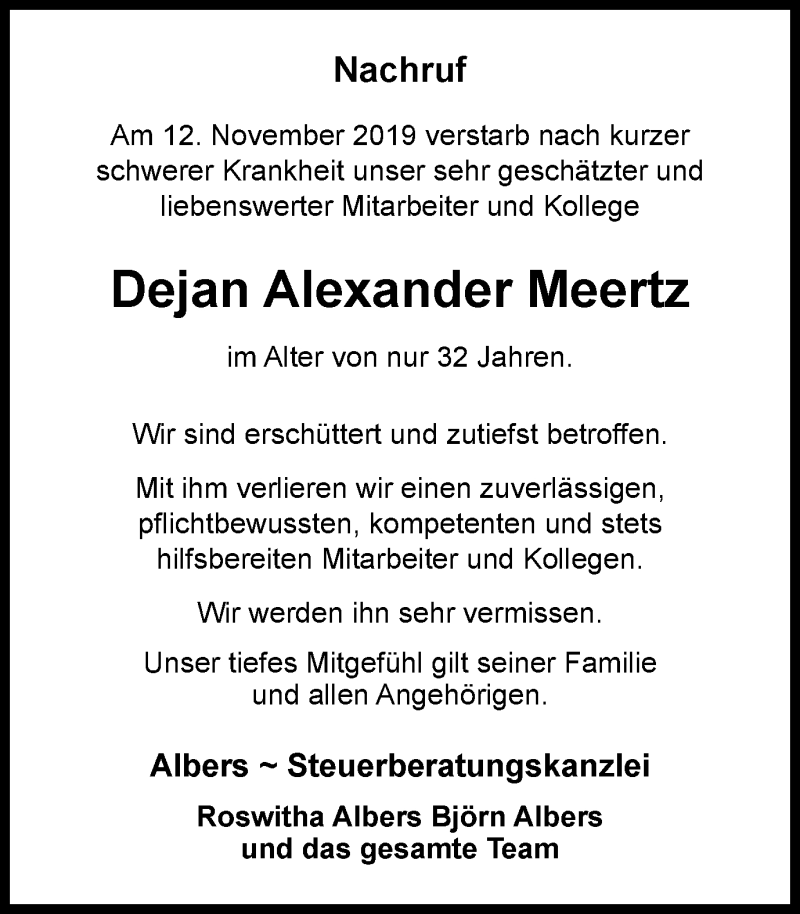 Traueranzeige für Dejan Alexander Meertz vom 23.11.2019 aus Wochen-Anzeiger Langenfeld/Monheim/Hilden
