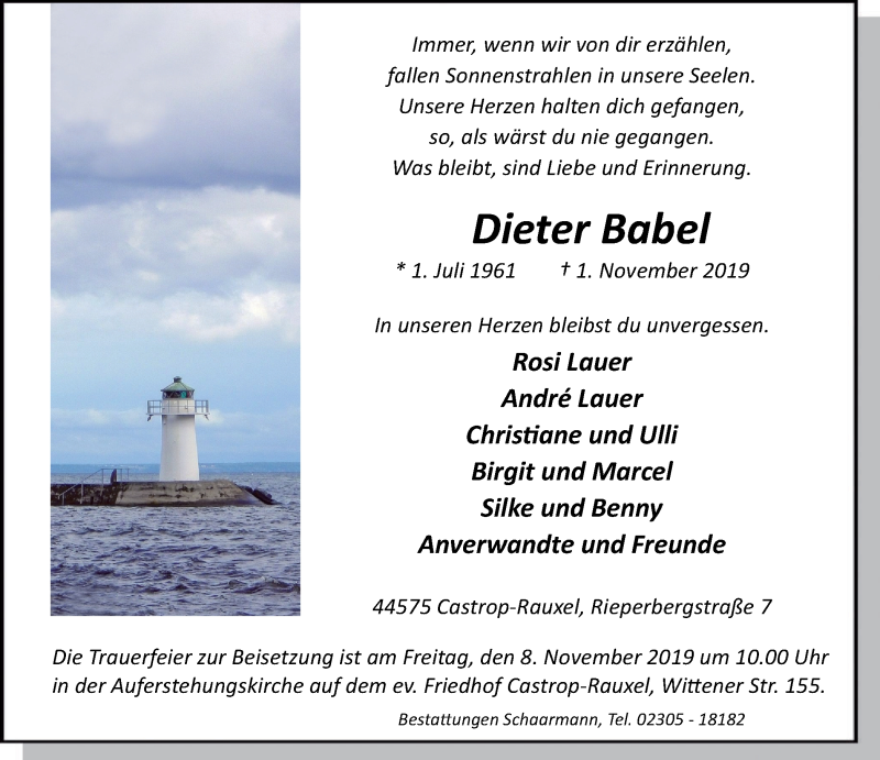  Traueranzeige für Dieter Babel vom 06.11.2019 aus Stadtanz.Castrop-Rauxel