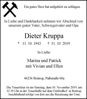 Traueranzeige von Dieter Kruppa von Stadtspiegel Bottrop