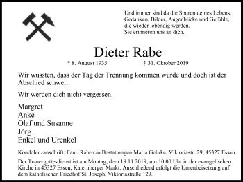 Traueranzeige von Dieter Rabe von Nord Anzeiger Essen