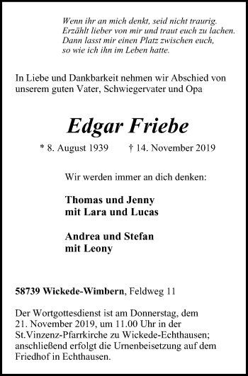 Traueranzeige von Edgar Friebe von Stadtspiegel Menden + Froendenberg