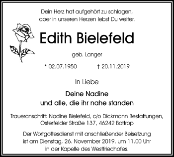 Traueranzeige von Edith Bielefeld von Stadtspiegel Bottrop