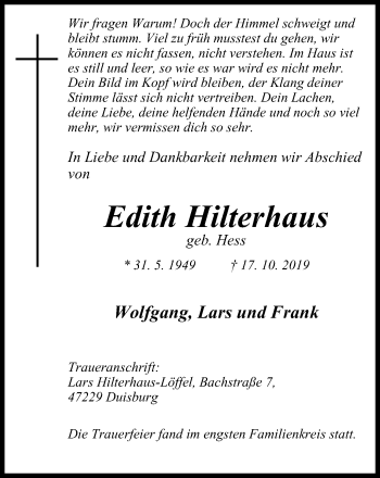 Traueranzeige von Edith Hilterhaus von Mülheimer Woche