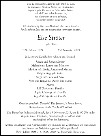 Traueranzeige von Else Ströter von Stadtanzeiger Velbert + Heiligenhaus