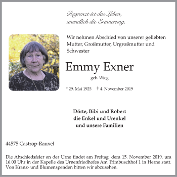 Traueranzeige von Emmy Exner von Stadtanz.Castrop-Rauxel