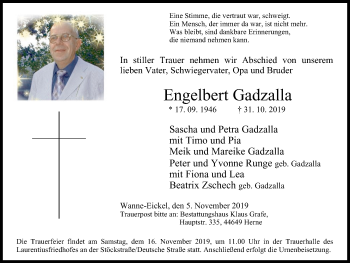 Traueranzeige von Engelbert Gadzalla von Wochenblatt Herne/Wanne-Eickel