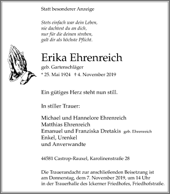 Traueranzeige von Erika Ehrenreich von Stadtanz.Castrop-Rauxel