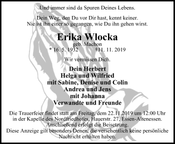 Traueranzeige von Erika Wlocka von Nord Anzeiger Essen