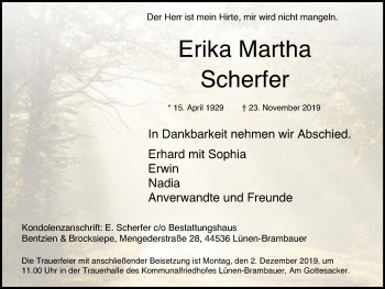 Traueranzeige von Erika Martha Scherfer von Lüner Anzeiger