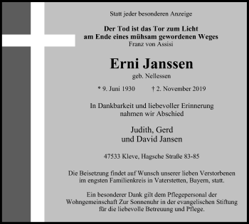 Traueranzeige von Erni Janssen von Klever Wochenblatt
