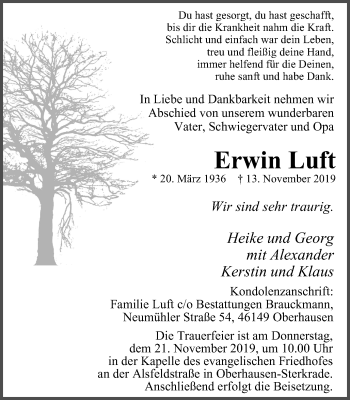Traueranzeige von Erwin Luft von Wochen-Anzeiger Oberhausen