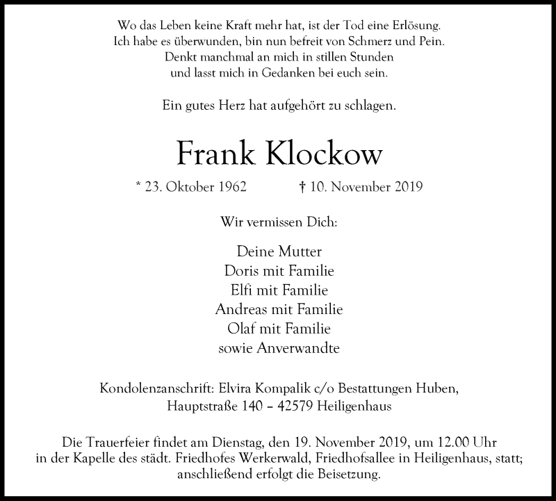  Traueranzeige für Frank Klockow vom 16.11.2019 aus Stadtanzeiger Velbert + Heiligenhaus