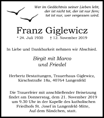 Traueranzeige von Franz Giglewicz von Wochen-Anzeiger Langenfeld/Monheim/Hilden