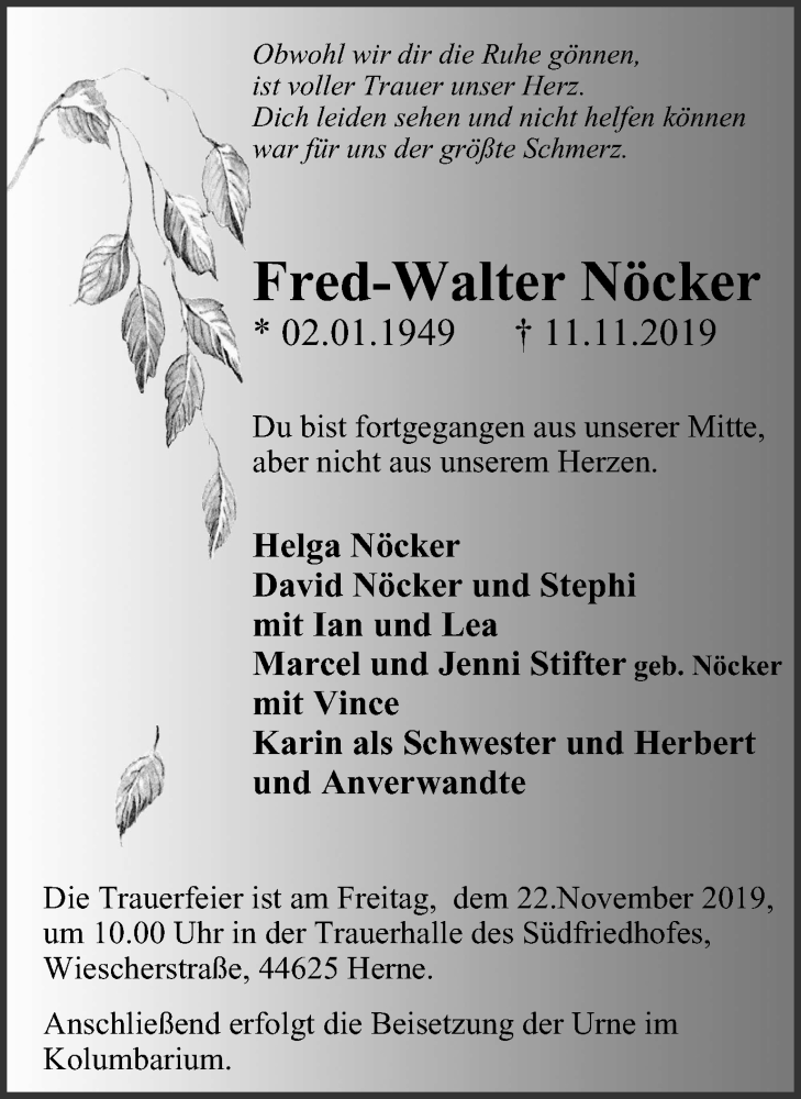  Traueranzeige für Fred-Walter Nöcker vom 20.11.2019 aus Wochenblatt Herne/Wanne-Eickel