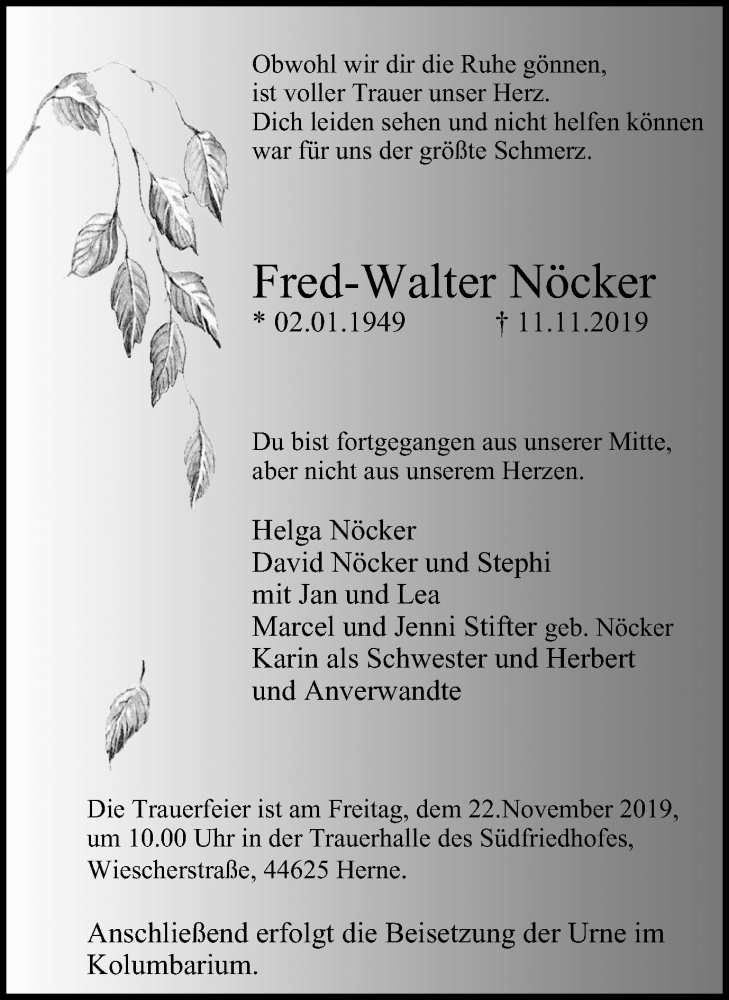  Traueranzeige für Fred-Walter Nöcker vom 16.11.2019 aus Wochenblatt Herne/Wanne-Eickel