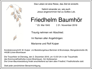 Traueranzeige von Friedhelm Baumhör von Lüner Anzeiger