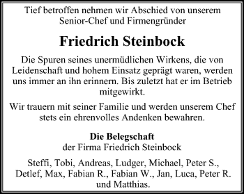 Traueranzeige von Friedrich Steinbock von Stadtspiegel Gladbeck