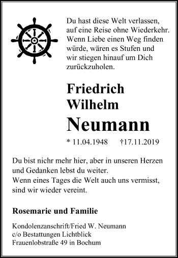 Traueranzeige von Friedrich Wilhelm Neumann von Wochenblatt Herne/Wanne-Eickel