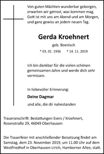 Traueranzeige von Gerda Kroehnert von Wochen-Anzeiger Oberhausen