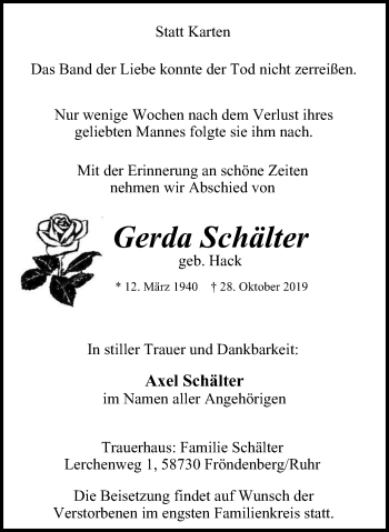 Traueranzeige von Gerda Schälter von Stadtspiegel Menden + Froendenberg