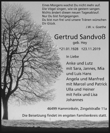 Traueranzeige von Gertrud Sandvoß von Der Weseler + Der Xantener