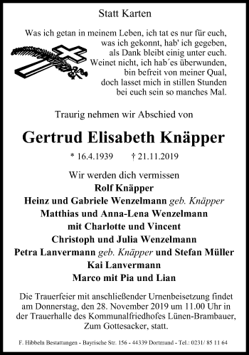 Traueranzeige von Gertrud Elisabeth Knäpper von Lüner Anzeiger