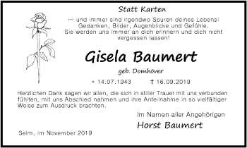 Traueranzeige von Gisela Baumert von Lüner Anzeiger
