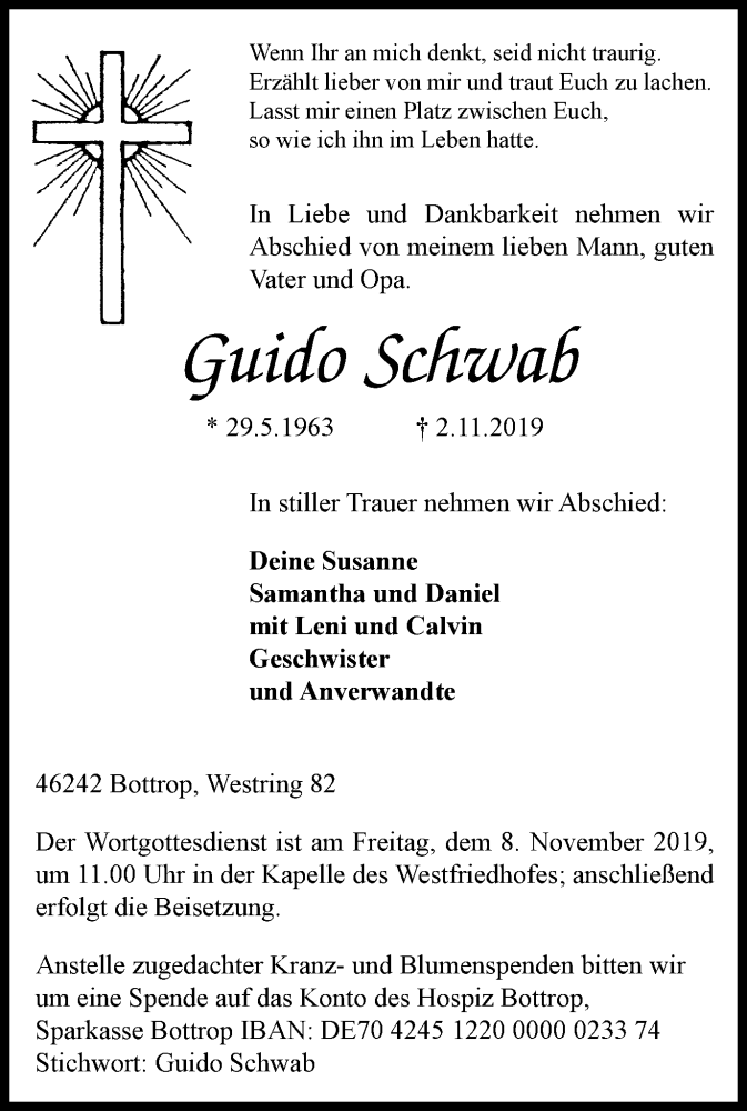  Traueranzeige für Guido Schwab vom 06.11.2019 aus Stadtspiegel Bottrop