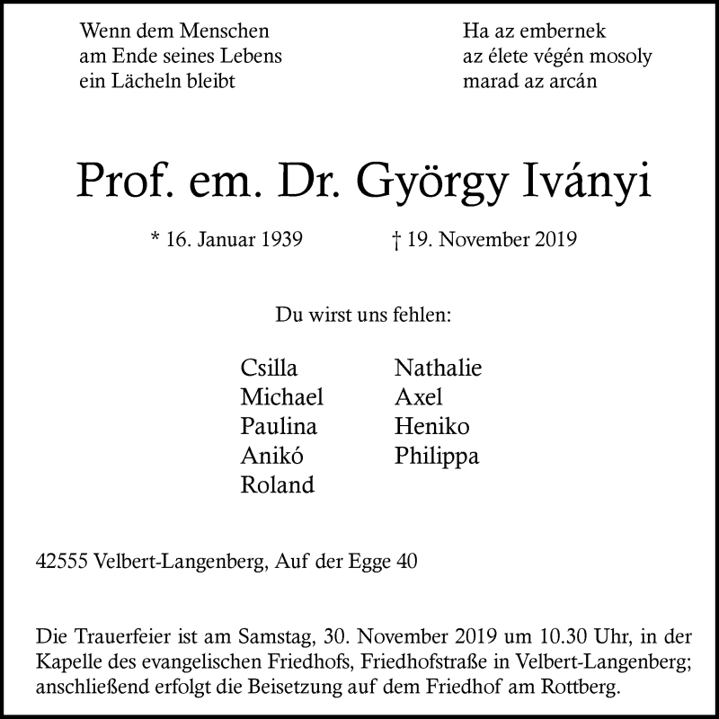  Traueranzeige für György Iványi vom 27.11.2019 aus Stadtanzeiger Velbert + Heiligenhaus