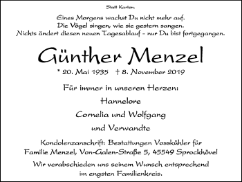 Traueranzeige von Günther Menzel von Stadtspiegel Hattingen/Niedersprockhövel