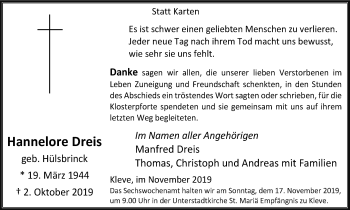 Traueranzeige von Hannelore Dreis von Klever Wochenblatt