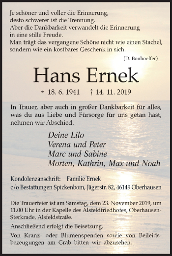 Traueranzeige von Hans Ernek von Wochen-Anzeiger Oberhausen