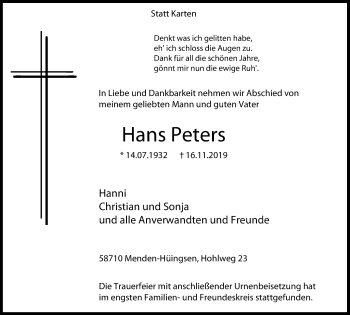 Traueranzeige von Hans Peters von Stadtspiegel Menden + Froendenberg