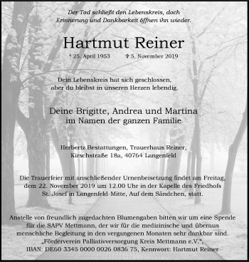 Traueranzeige von Hartmut Reiner von Wochen-Anzeiger Langenfeld/Monheim/Hilden