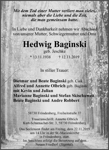 Traueranzeige von Hedwig Baginski von Stadtspiegel Menden + Froendenberg