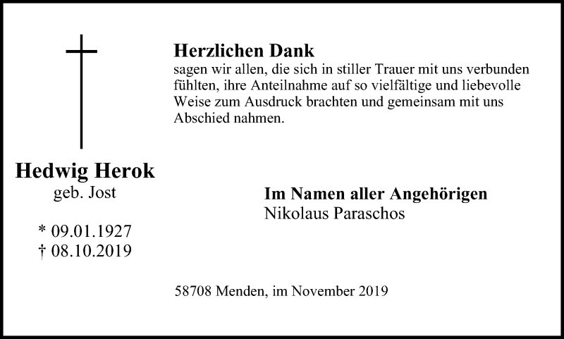  Traueranzeige für Hedwig Herok vom 02.11.2019 aus Stadtspiegel Menden + Froendenberg