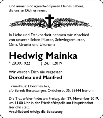 Traueranzeige von Hedwig Mainka von Stadtspiegel Iserlohn + Hemer