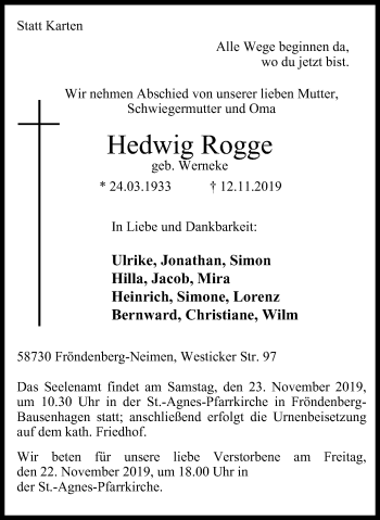 Traueranzeige von Hedwig Rogge von Stadtspiegel Menden + Froendenberg