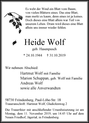Traueranzeige von Heide Wolf von Stadtspiegel Menden + Froendenberg