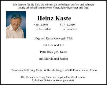 Traueranzeige von Heinz Kaste von Stadtanzeiger Emmerich/Rees/Isselburg
