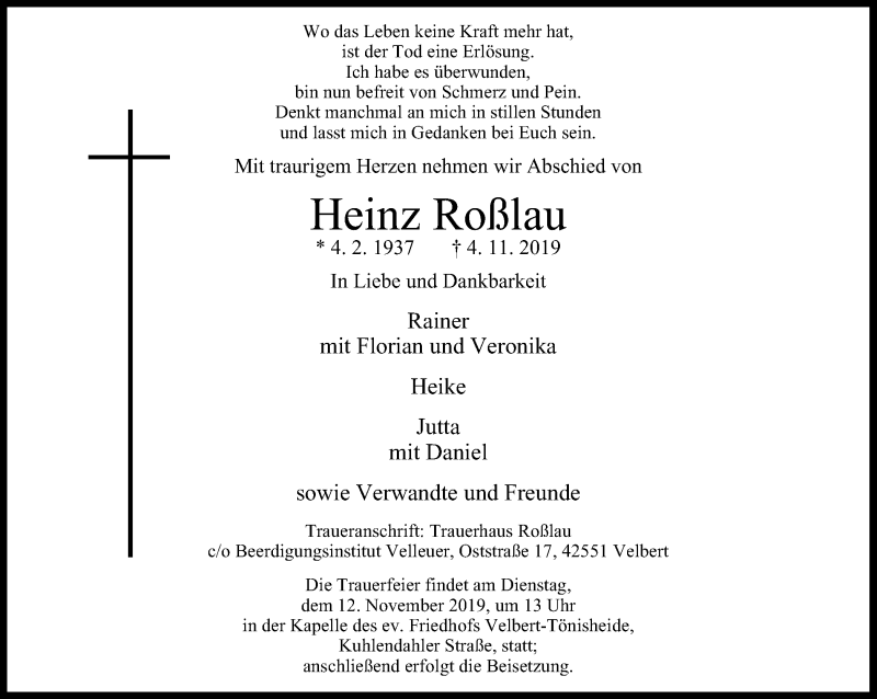  Traueranzeige für Heinz Roßlau vom 09.11.2019 aus Stadtanzeiger Velbert + Heiligenhaus