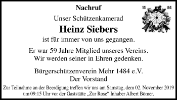 Traueranzeige von Heinz Siebers von Stadtanzeiger Emmerich/Rees/Isselburg + Klever Wochenblatt