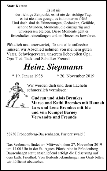 Traueranzeige von Heinz Siepmann von Stadtspiegel Menden + Froendenberg