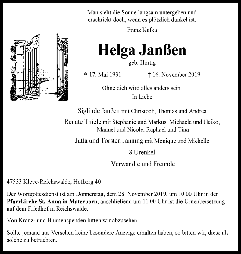  Traueranzeige für Helga Janßen vom 23.11.2019 aus Klever Wochenblatt
