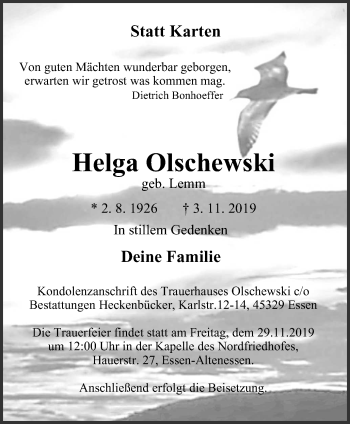 Traueranzeige von Helga Olschewski von Nord Anzeiger Essen