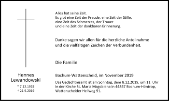 Traueranzeige von Hennes Lewandowski von Stadtspiegel Wattenscheid